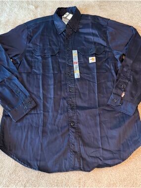 Carhartt FR Shirt Mens L Blue Button Up Long Sleeve Cat 2 FRS003 Dark Navy